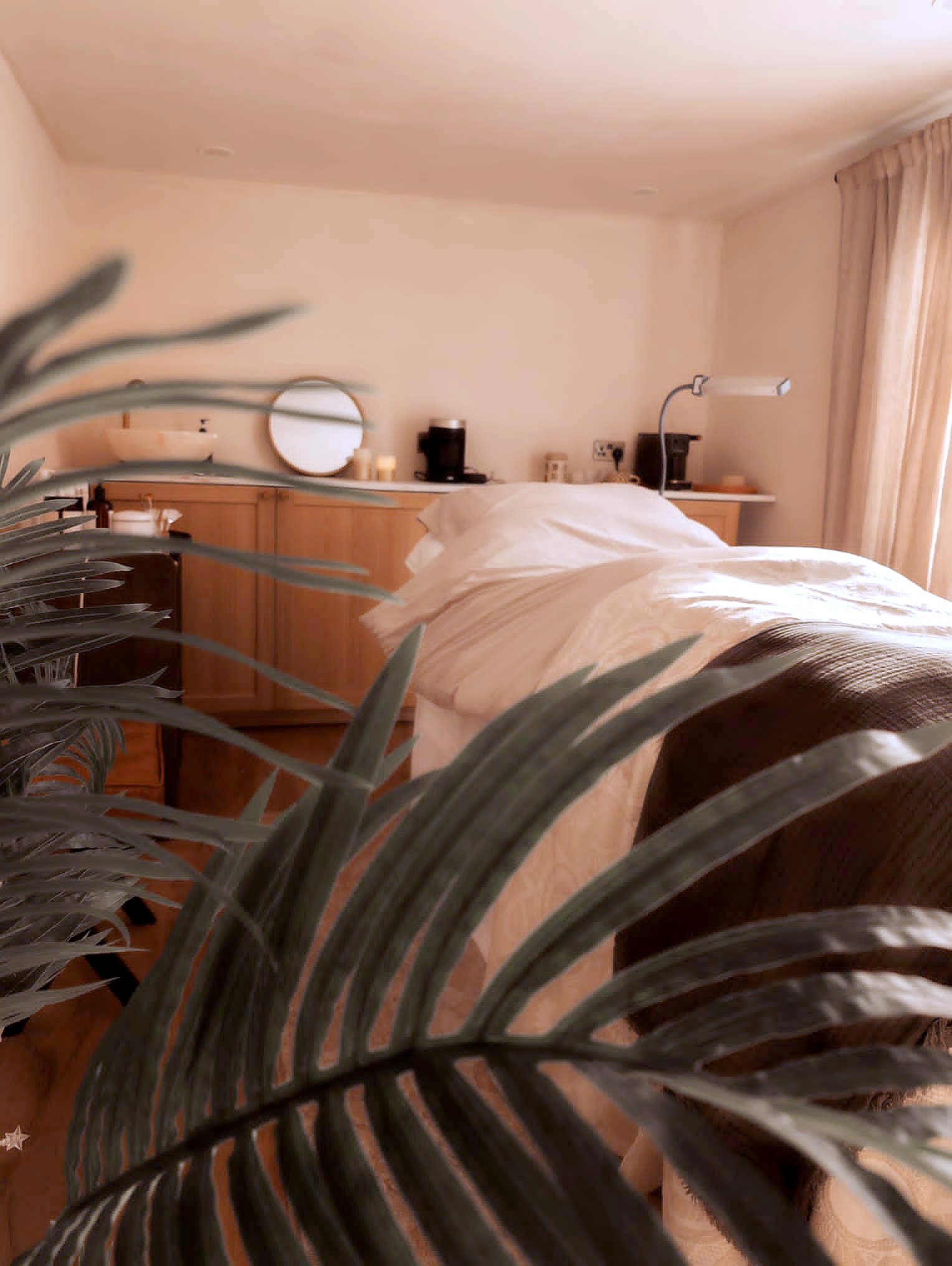 Ruth McKibben Skin Clinic treatment room viewed through palm fronds